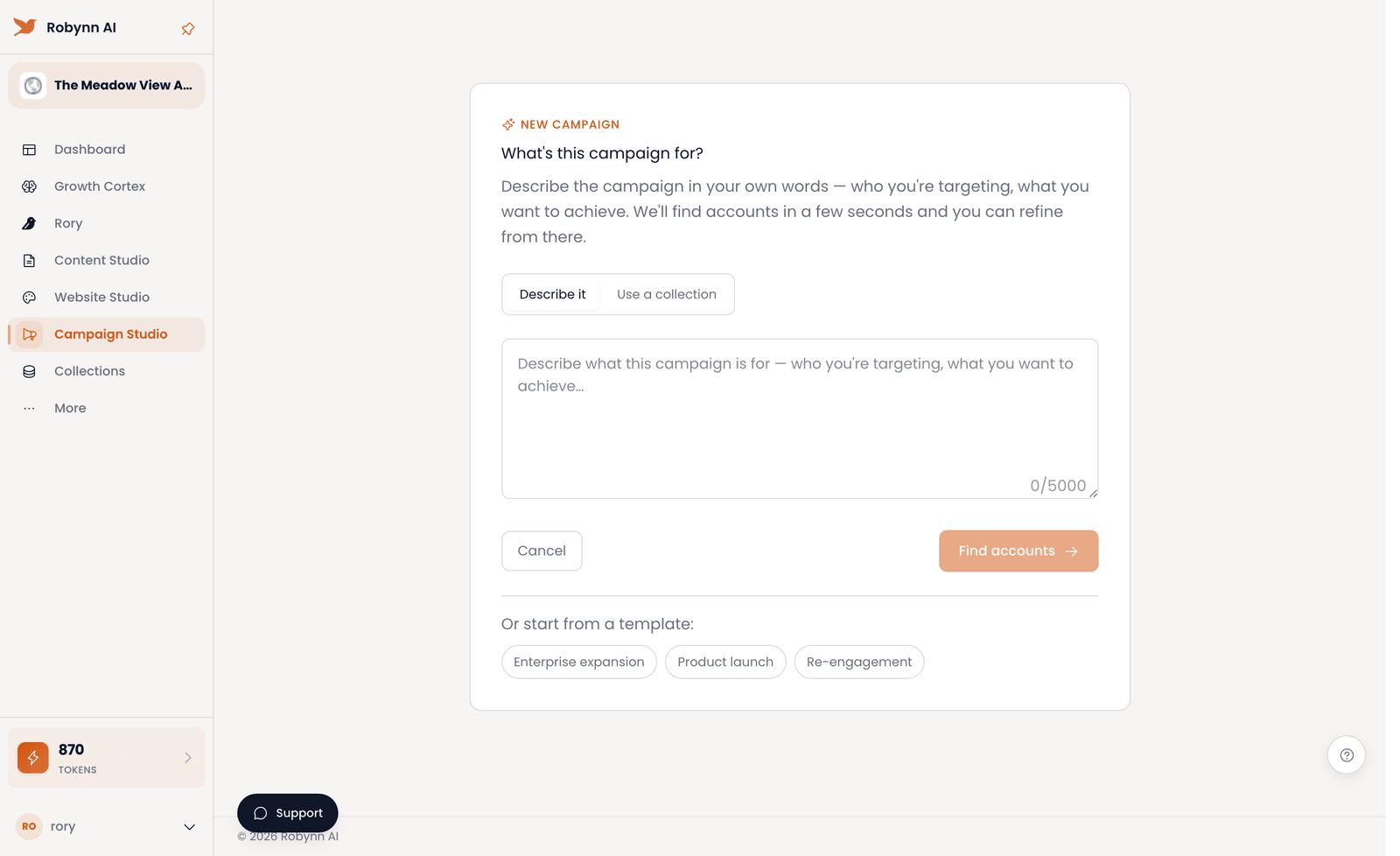 The Campaign Studio new-campaign view: describe a target in plain language, then find accounts.