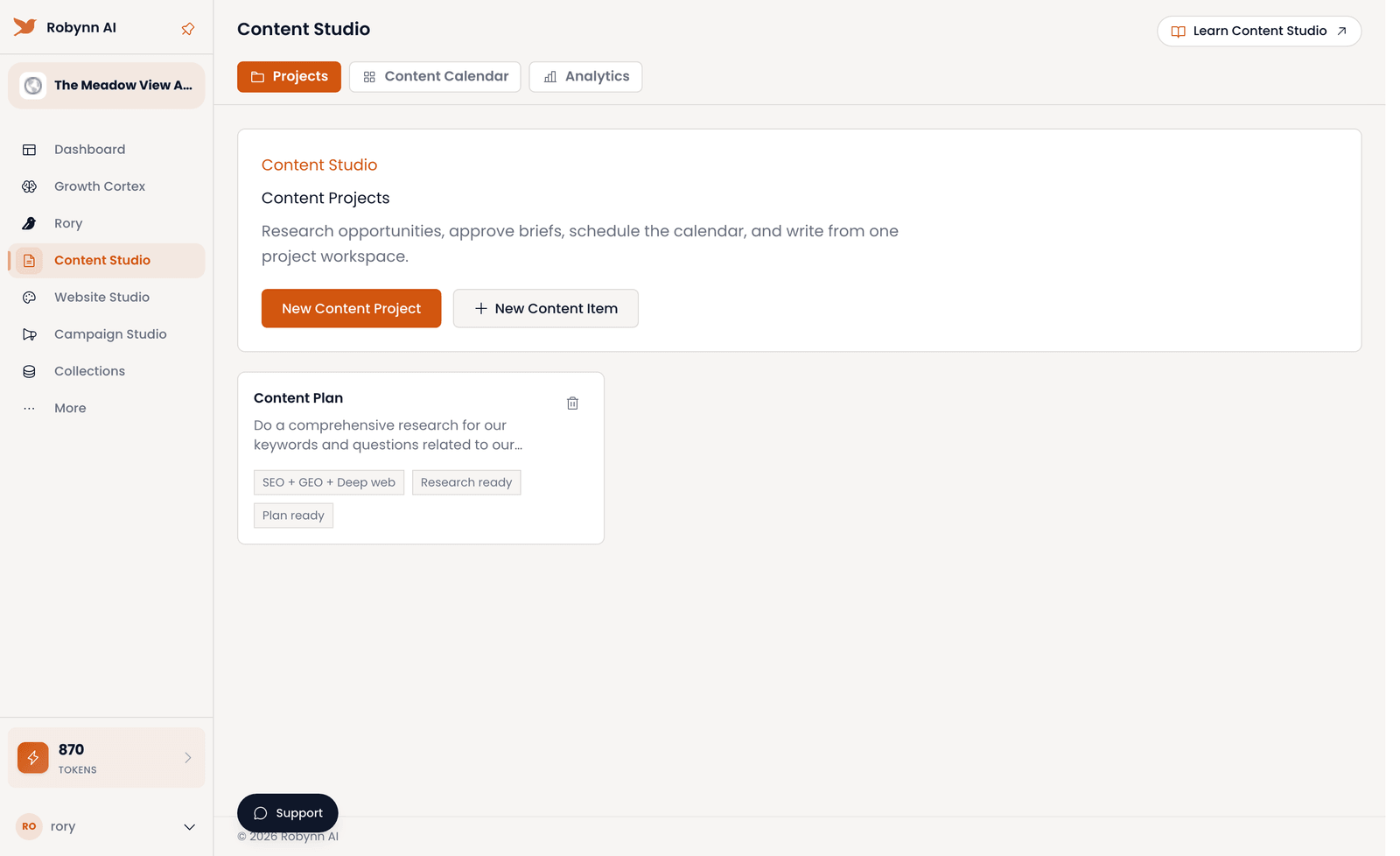 The Content Studio projects workspace, where a new plan starts from your Growth Cortex.