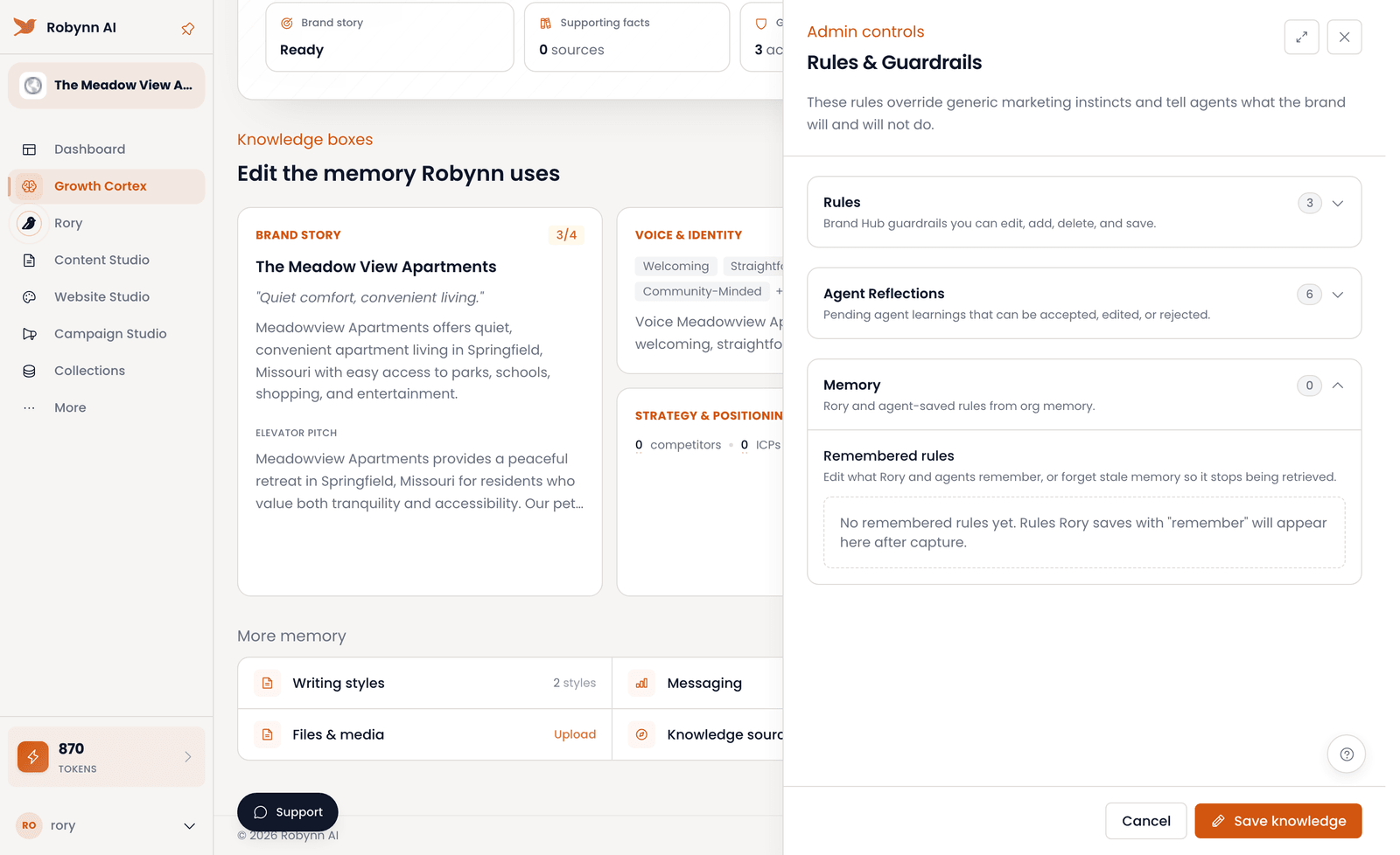 The Growth Cortex review panel where rules and pending agent learnings are accepted, edited, or rejected.