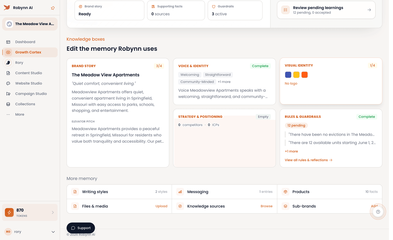 The Growth Cortex view showing Robynn's Understanding — the brand story Robynn uses to write.