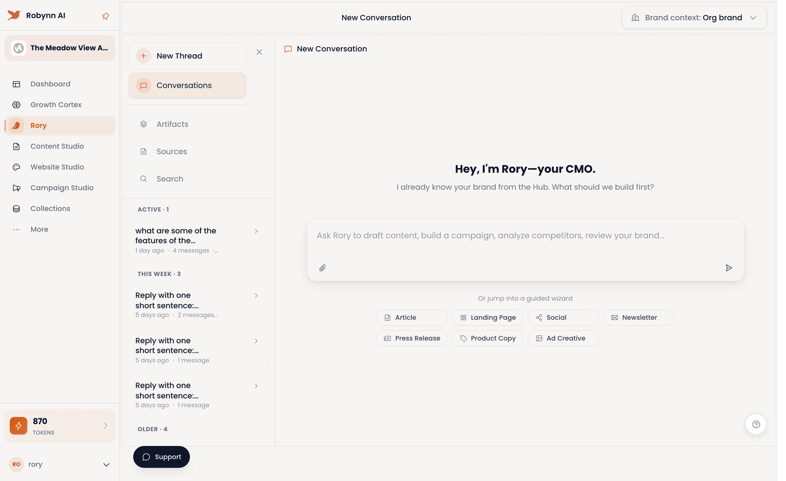 The Rory conversation view with threads, brand context, sources, and the artifact types Rory can draft.