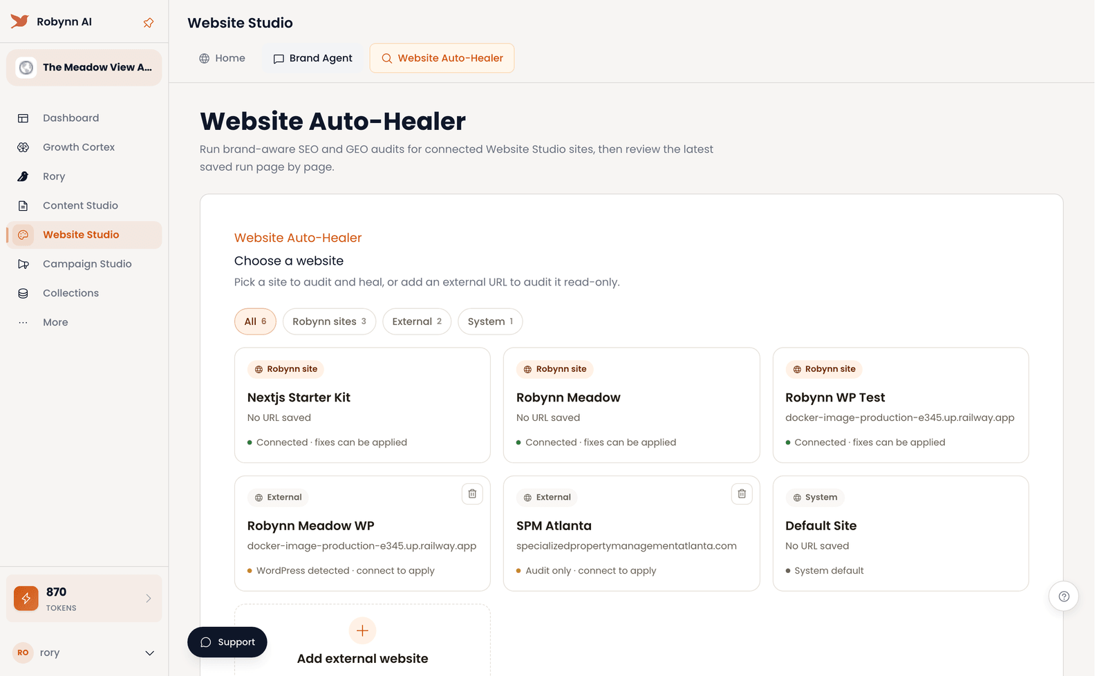 The Website Auto-Healer screen where you pick a connected site to run SEO and GEO audits.