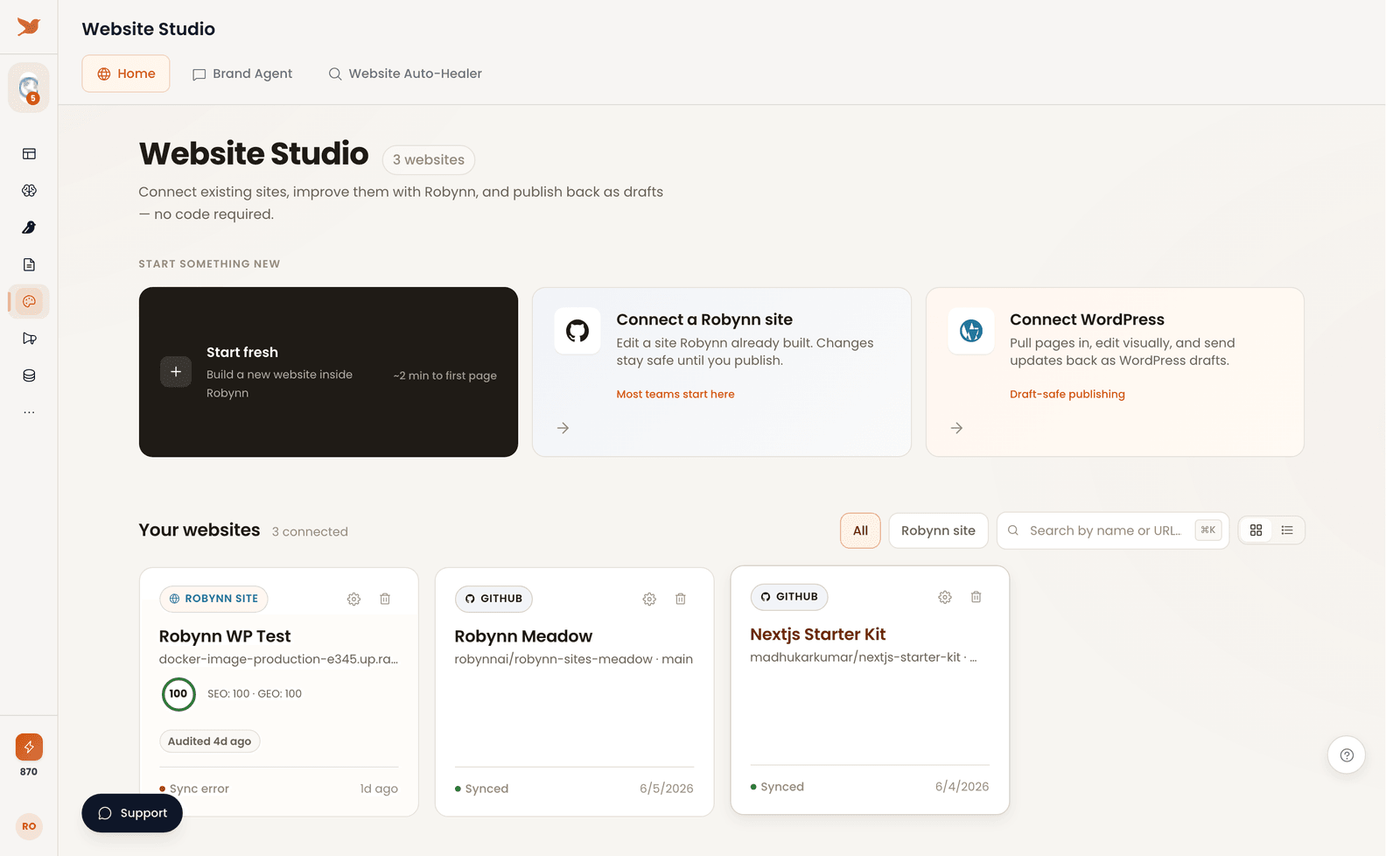 The Website Studio home screen listing your connected websites.