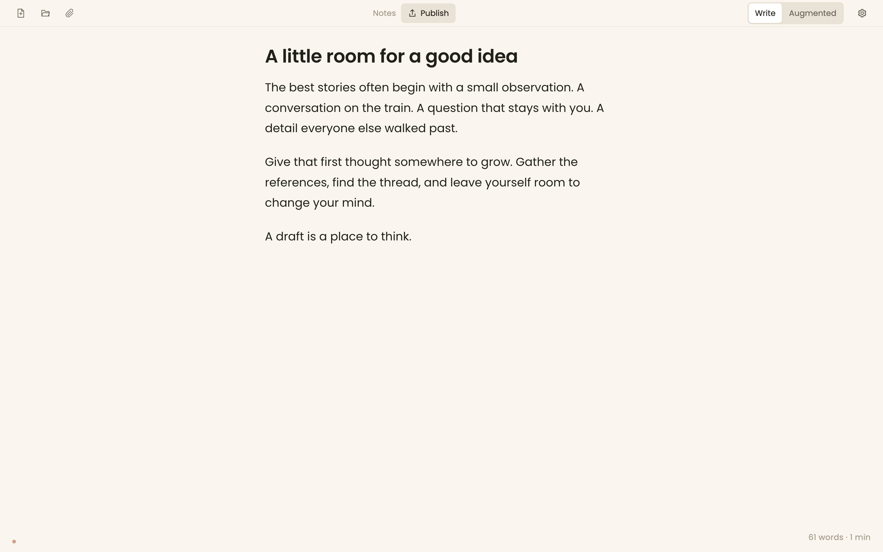 A passage being typed and revised in Writer's focused writing view