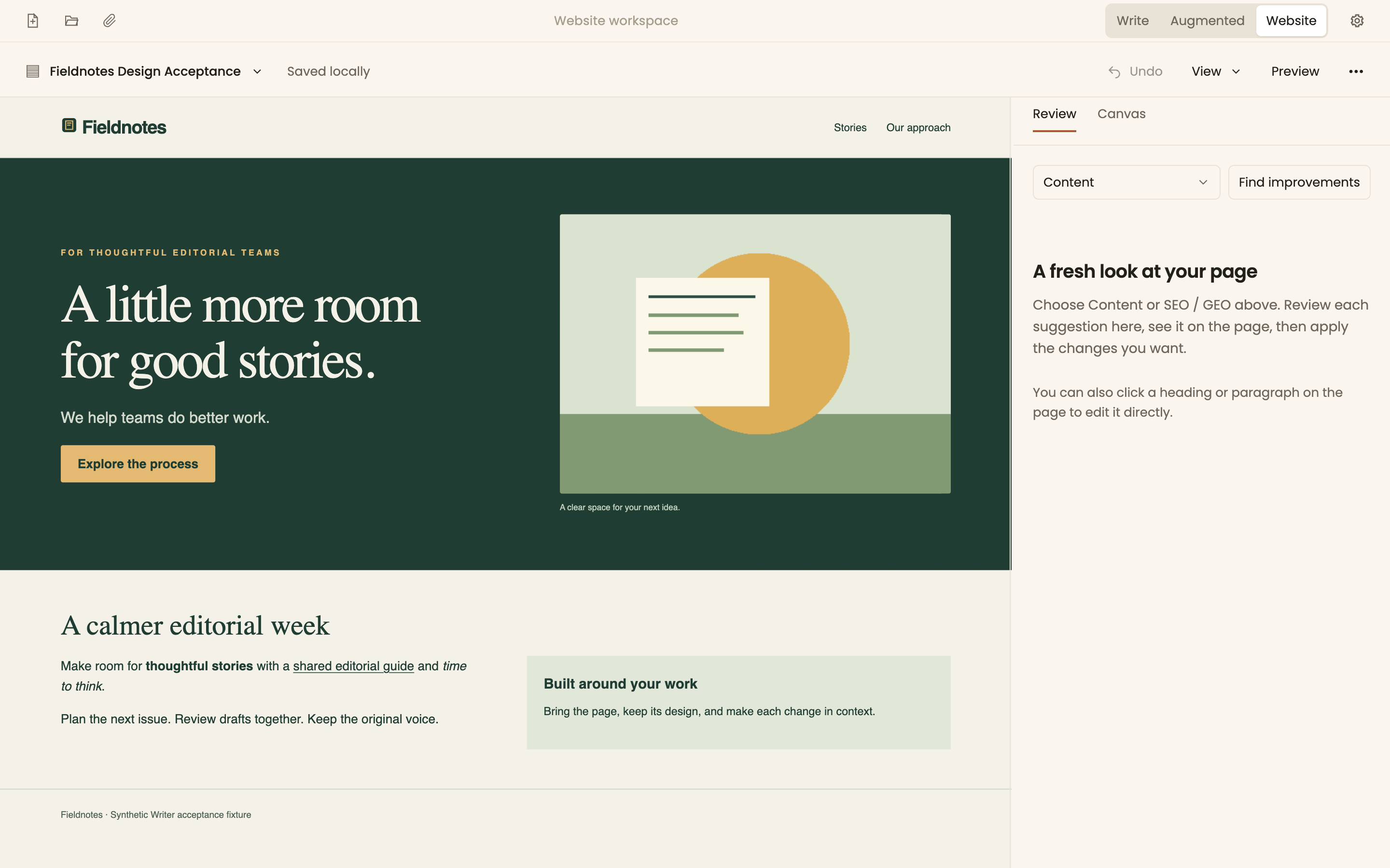 Writer's Website Editor with a local page design beside its review and canvas tools